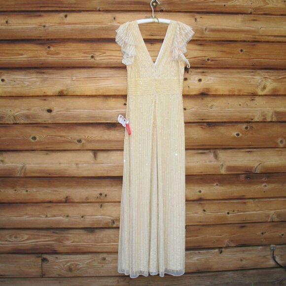 Mac Duggal 5646 Womens EMBELLISHED FLUTTER CAP SLEEVE A LINE GOWN Runs Large - Picture 10 of 15